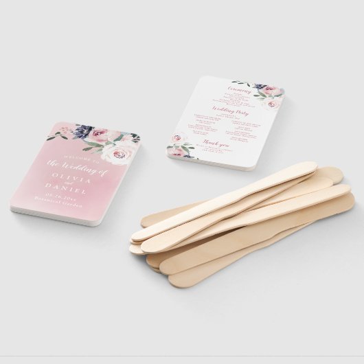 花の植物性ピンクのフローラ結婚式プログラム ハンドファン (組立なし)
