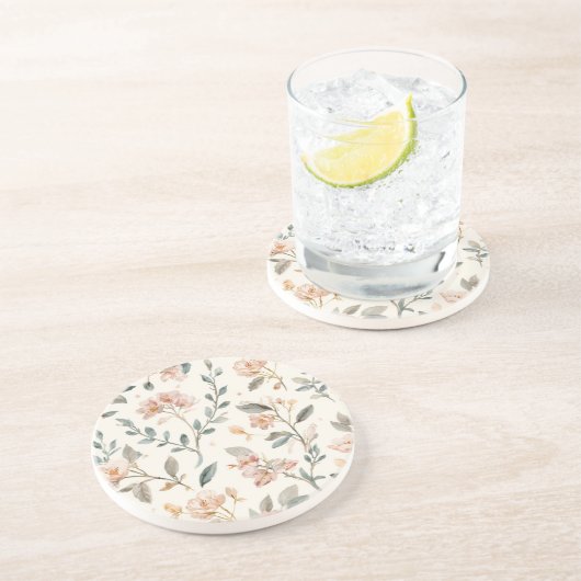 花の植物水彩画の葉のベージュのペイント コースター (側面)