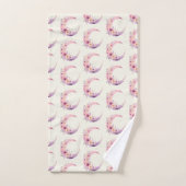 花の模様が入ったピンクかわいらしの三日月 バスタオルセット (ハンドタオル)