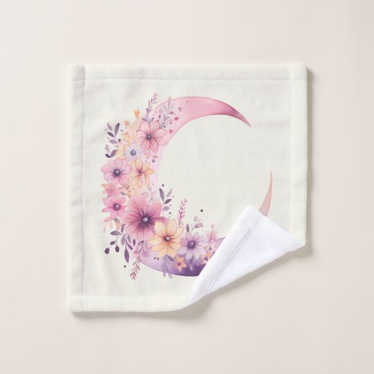 花の模様が入ったピンクかわいらしの三日月 バスタオルセット (ウォッシュタオル)