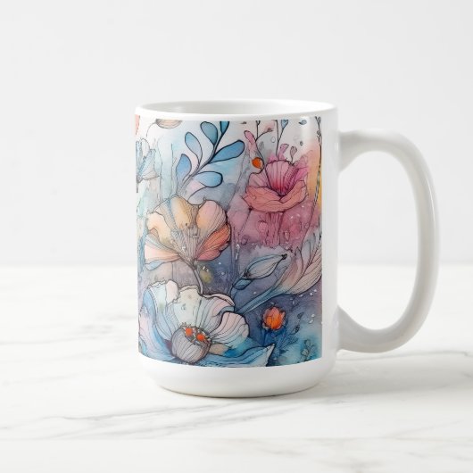 花の模様の水色 コーヒーマグカップ (右)