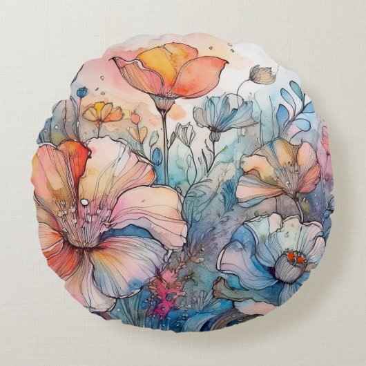 花の模様の水色 ラウンドクッション (正面)