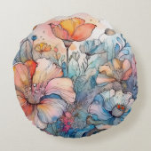 花の模様の水色 ラウンドクッション (裏面)