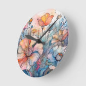 花の模様の水色 ラウンド壁時計 (傾斜)
