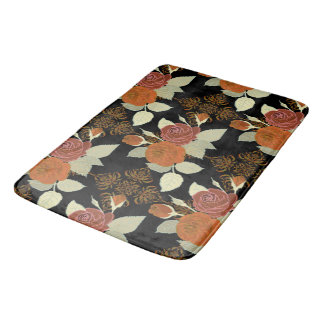 花の模様の葉のバラ（黒） バスマット