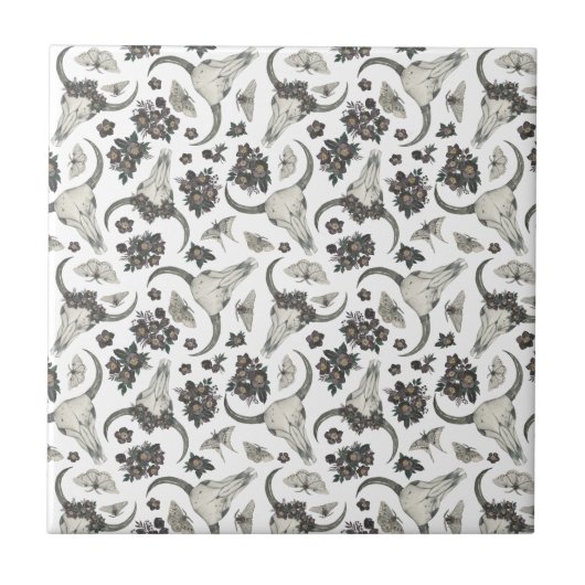 花の模様を持つゴシック動物スカル タイル (正面)