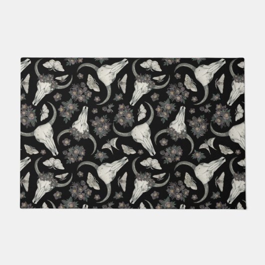花の模様を持つゴシック動物スカル ドアマット (正面)