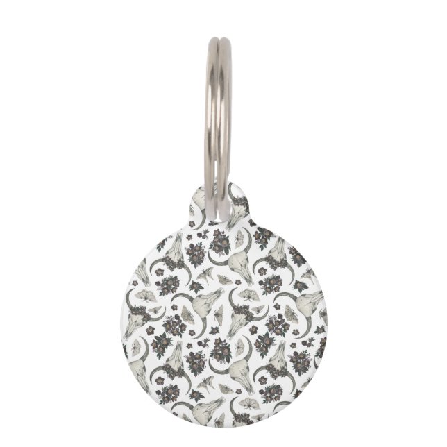 花の模様を持つゴシック動物スカル ペット　ネームタグ (正面)