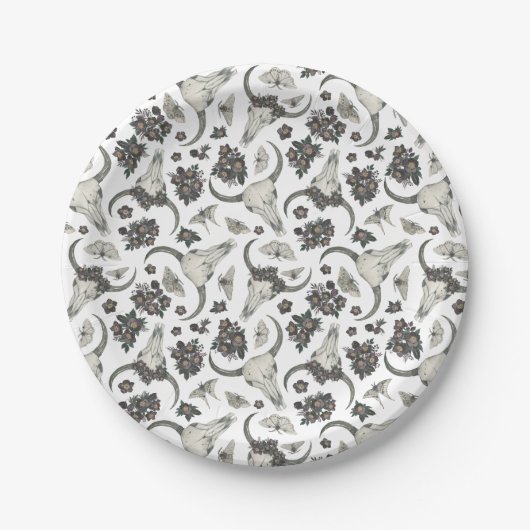 花の模様を持つゴシック動物スカル ペーパープレート (正面)