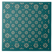 花の模様、クリーム、暗いティール(緑がかった色):セラミックタイル タイル (正面)