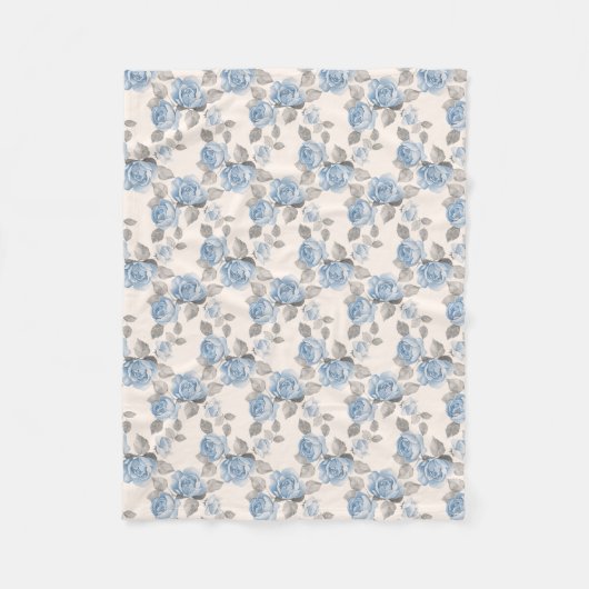 花の模様。ヴィンテージ青バラ フリースブランケット (正面)