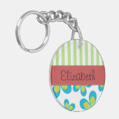 花の模様，緑のストライプ花，あなたの名前 キーホルダー (正面左)