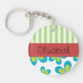花の模様，緑のストライプ花，あなたの名前 キーホルダー (正面)