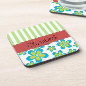 花の模様，緑のストライプ花，あなたの名前 コースター (左側)