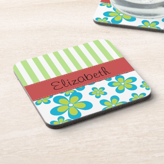 花の模様,緑のストライプ花,あなたの名前 コースター (左側)