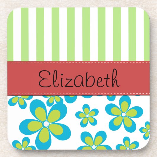 花の模様,緑のストライプ花,あなたの名前 コースター (正面)