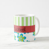 花の模様,緑のストライプ花,あなたの名前 コーヒーマグカップ (正面右)