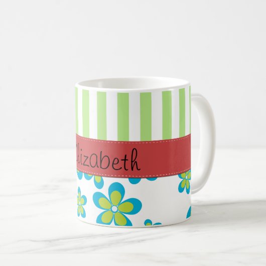 花の模様,緑のストライプ花,あなたの名前 コーヒーマグカップ (正面右)