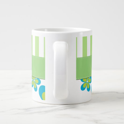 花の模様，緑のストライプ花，あなたの名前 ジャンボコーヒーマグカップ (裏面)
