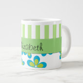 花の模様,緑のストライプ花,あなたの名前 ジャンボコーヒーマグカップ (正面右)