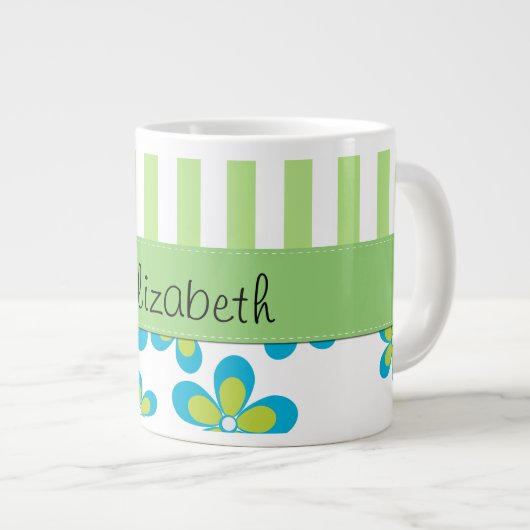 花の模様,緑のストライプ花,あなたの名前 ジャンボコーヒーマグカップ (正面右)