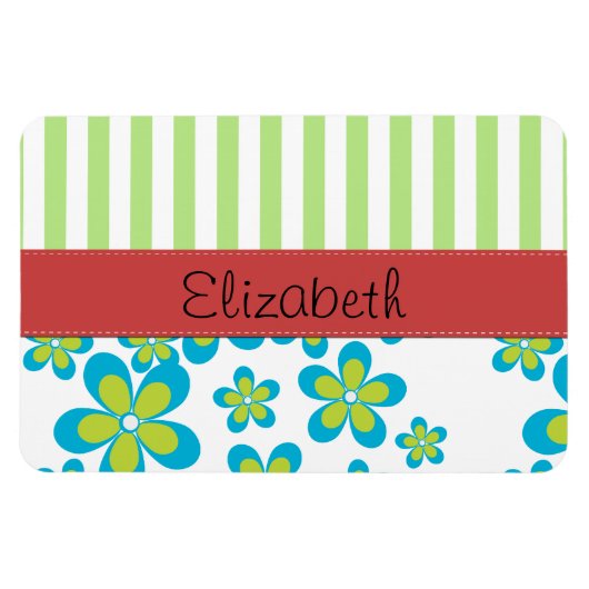 花の模様,緑のストライプ花,あなたの名前 マグネット (横)