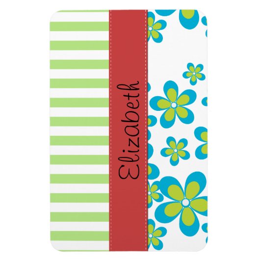 花の模様，緑のストライプ花，あなたの名前 マグネット (縦)