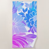 花の模様、青とピンク ビーチタオル (正面)