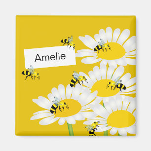 花の正方形の磁石-黄色い背景の蜂 マグネット