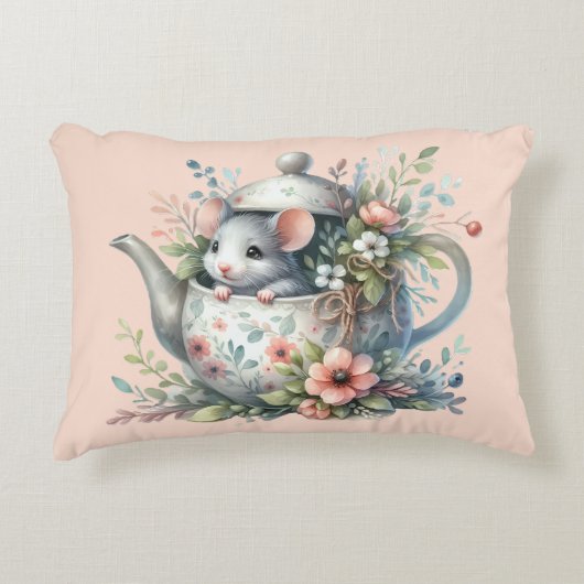 花の水差しから覗くかわいいねずみのイラスト アクセントクッション (正面)
