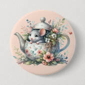 花の水差しから覗くかわいいねずみのイラスト 缶バッジ (正面)