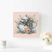 花の水差しの中のキュートなネズミのイラスト スクエア壁時計 (ホーム)