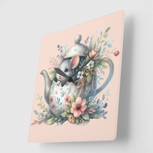 花の水差しの中のキュートなネズミのイラスト スクエア壁時計 (傾斜)