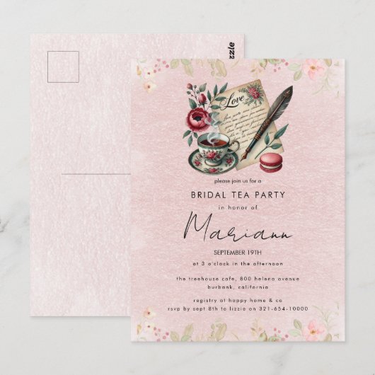 花の水差し ブライダルシャワーティーパーティーの招待状 ポストカード (正面/裏面)