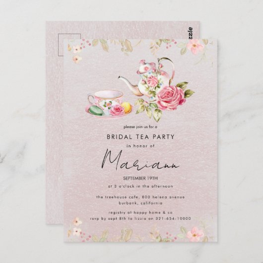 花の水差し ブライダルシャワーティーパーティーの招待状 ポストカード (正面/裏面)