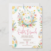花の水彩イースター・ブランチと卵の宝探し 招待状 (正面)