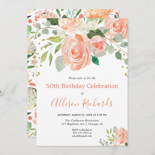 花の水彩エレガントな大人の誕生日パーティー 招待状 (正面/裏面)
