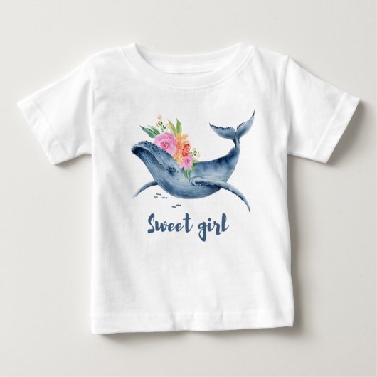花の水彩クジラ スウィートガール 幼児用Tシャツ ベビーTシャツ (正面)