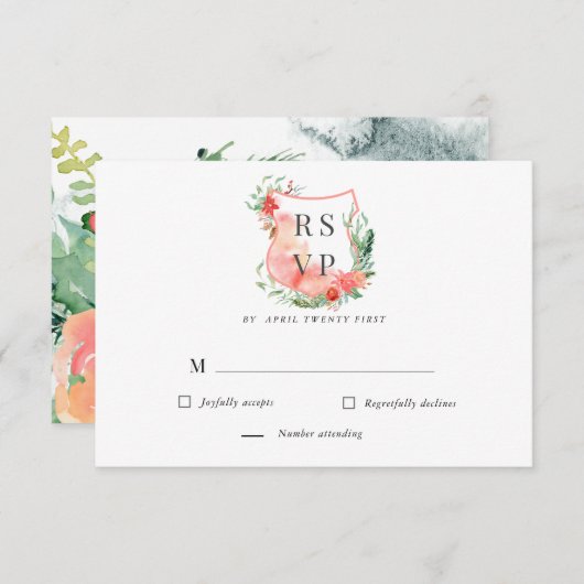 花の水彩クレストの招待返信カード 出欠カード (正面/裏面)