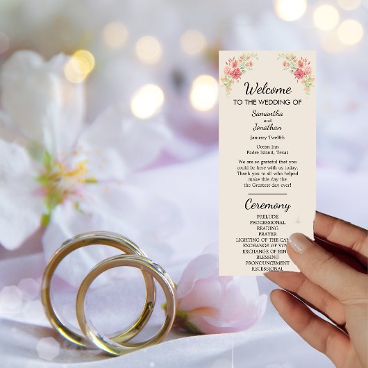 花の水彩リングや輪ベージュプログラムカード 招待状