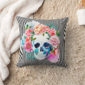 花の水彩画のスカルはとの縞で飾ります クッション (ブランケット)