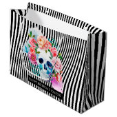 花の水彩画のスカルはとの縞で飾ります ラージペーパーバッグ (正面アングル)