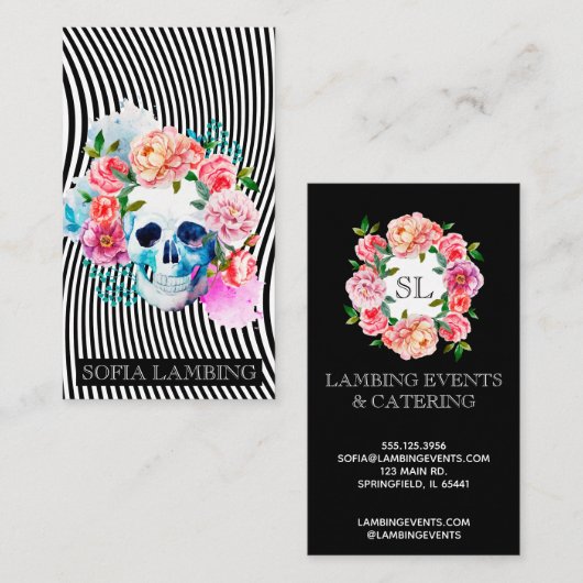 花の水彩画のスカルはとの縞で飾ります 名刺 (正面/裏面)