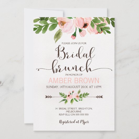 花の水彩画のバラの花嫁のブランチの招待状 招待状 (正面)