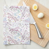 花の水彩画のユニコーンパターン キッチンタオル (四つ折り)