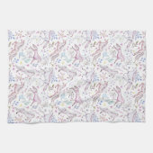 花の水彩画のユニコーンパターン キッチンタオル (横)