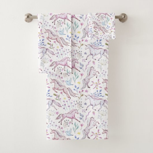 花の水彩画のユニコーンパターン バスタオルセット (インサイチュ)