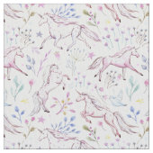 花の水彩画のユニコーンパターン ファブリック (クローズアップ)