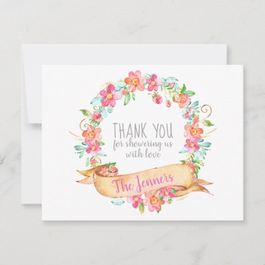 花の水彩画のリースのシャワーはノート感謝していしています サンキューカード (正面)