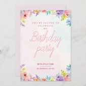 「花の水彩画の大人向け誕生日パーティー招待状」 招待状 (正面/裏面)